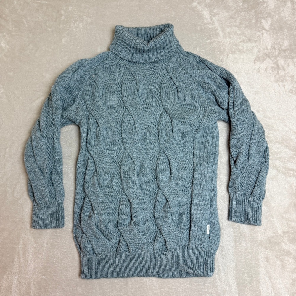 Peregrine Cable Knit Turtleneck Sweater Women M Slate Blue Wool England Fisher